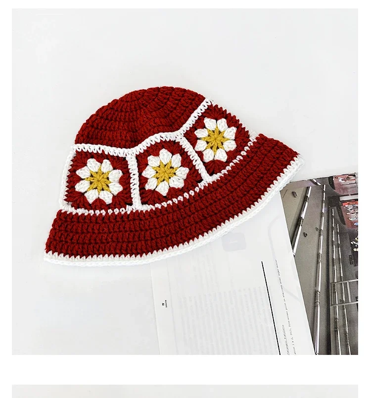 2026 NEU Japanische handgefertigte Blumen- und Karomuster-Häkel-Eimerhüte für Damen, Sommer-Fischermütze mit Farbkombination, gestrickte Strandmütze für Mädchen, Y2k – Detail 5