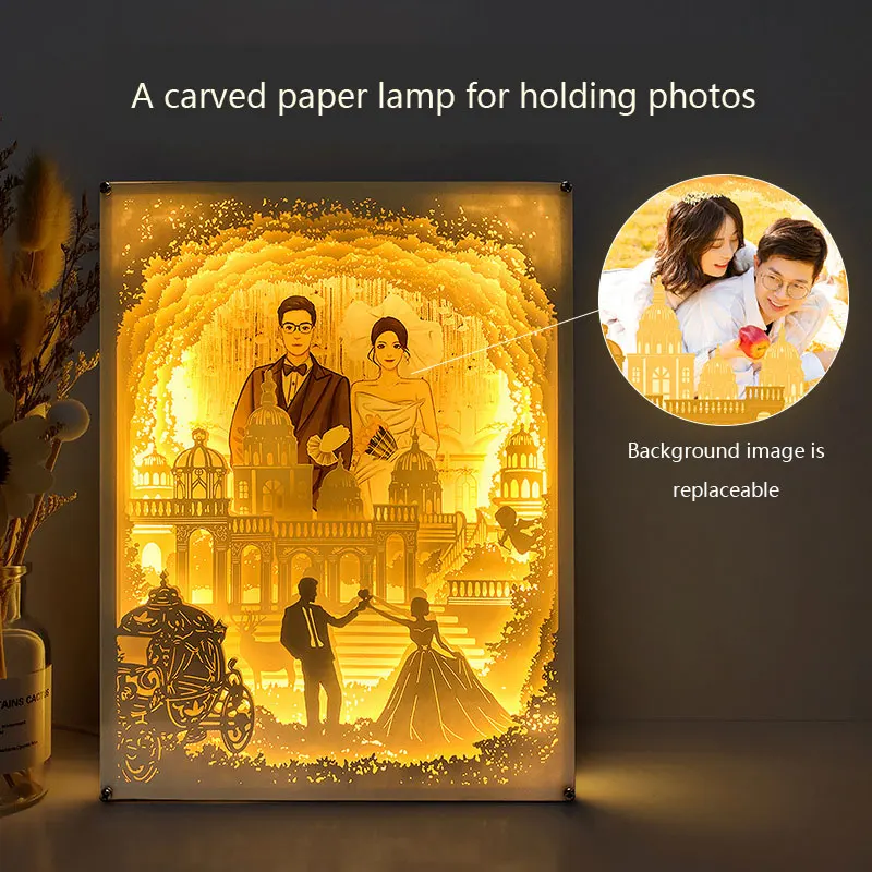 Dream Wedding Paper Carving Light Ornaments Replaceable Photo 3D Light Shadow Paper Carving Lights Valentine's Day Wedding Gifts