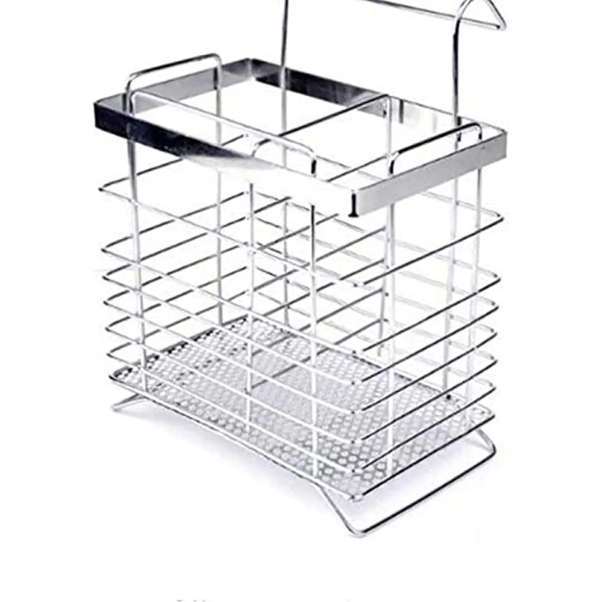 Stainless Steel Double Deck Dish Rack Drainer Drying Tray Cutlery Utensil Holder (Rectangle)