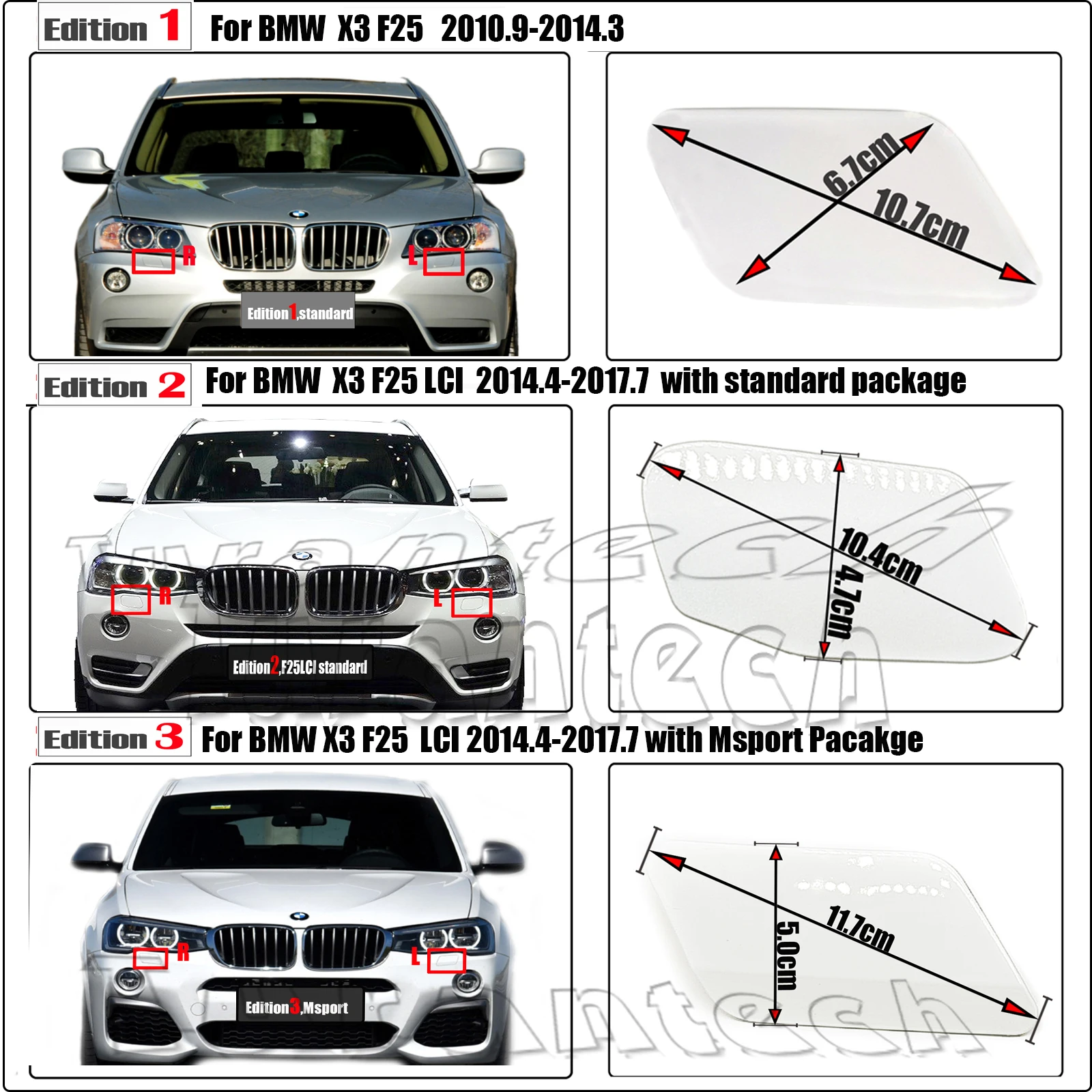 Tampa da arruela do farol para BMW, 11-17, BMW X3 SAV F25, Fit 18d 18i 20dx 20i 20ix 28dx 28ix 30dx 35dx 35i, Limpeza do bocal de pulverização do farol