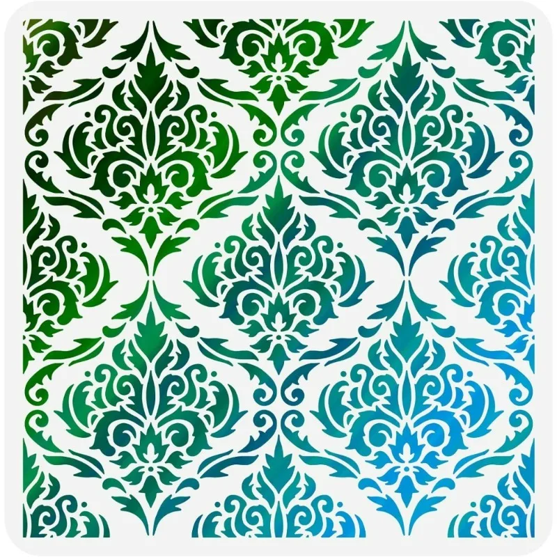 Damast-Schablone, 11,8 x 11,8 Zoll, Blumen, Fliesen-Schablone, Vorlage, Kunststoff, symmetrische Blumenmuster-Schablone, wiederverwendbar, DIY-Kunst