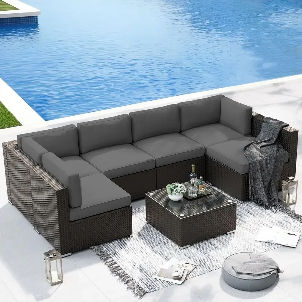 7-Piece Outdoor Patio urniture Soa Set All-Weather Black Wicker Sectional Contion Set with ern Glass Coee Table and Cushions, Ba