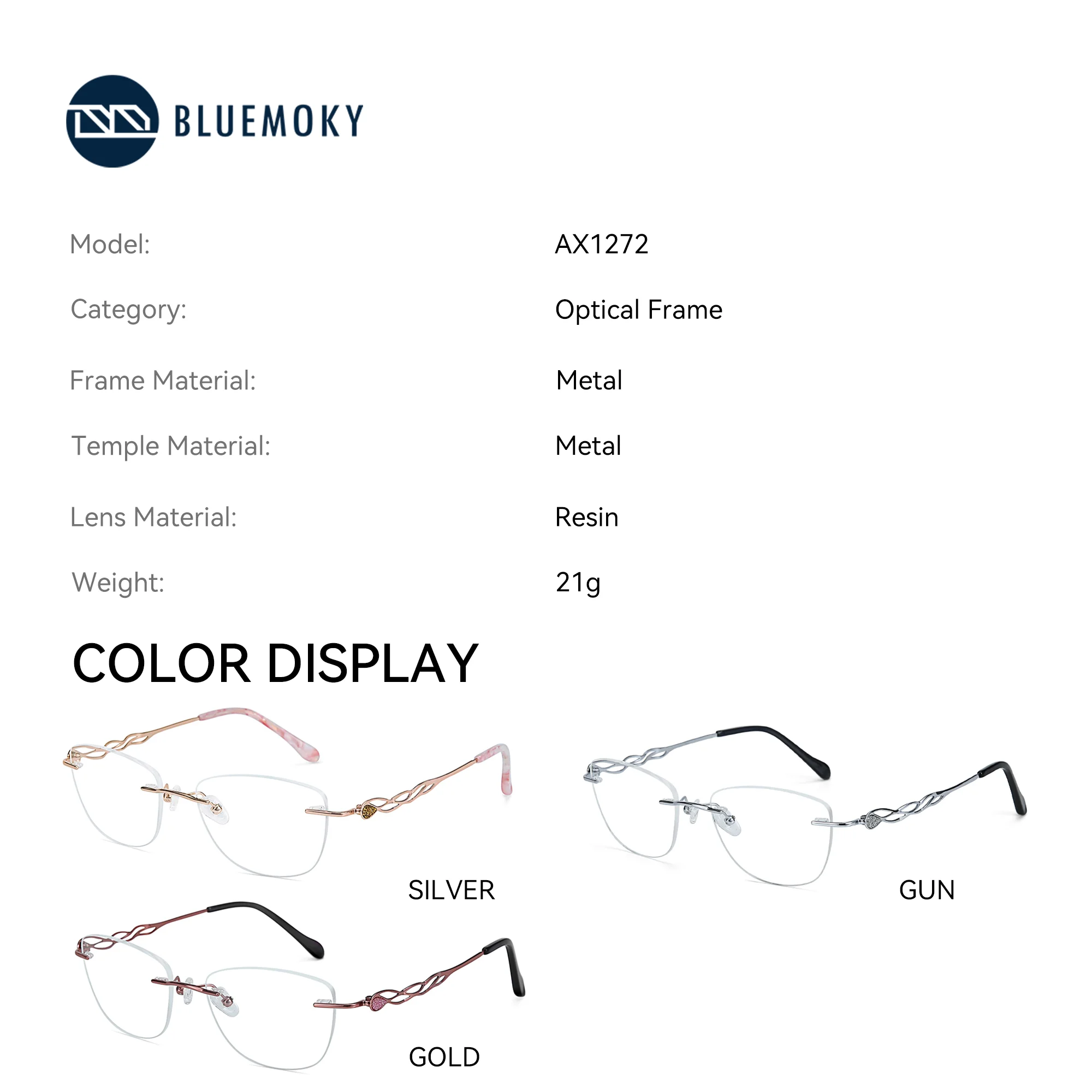 BLUEMOKY New metal square frameless prescription glasses for women with myopia, anti blue light progressive photochromic effect