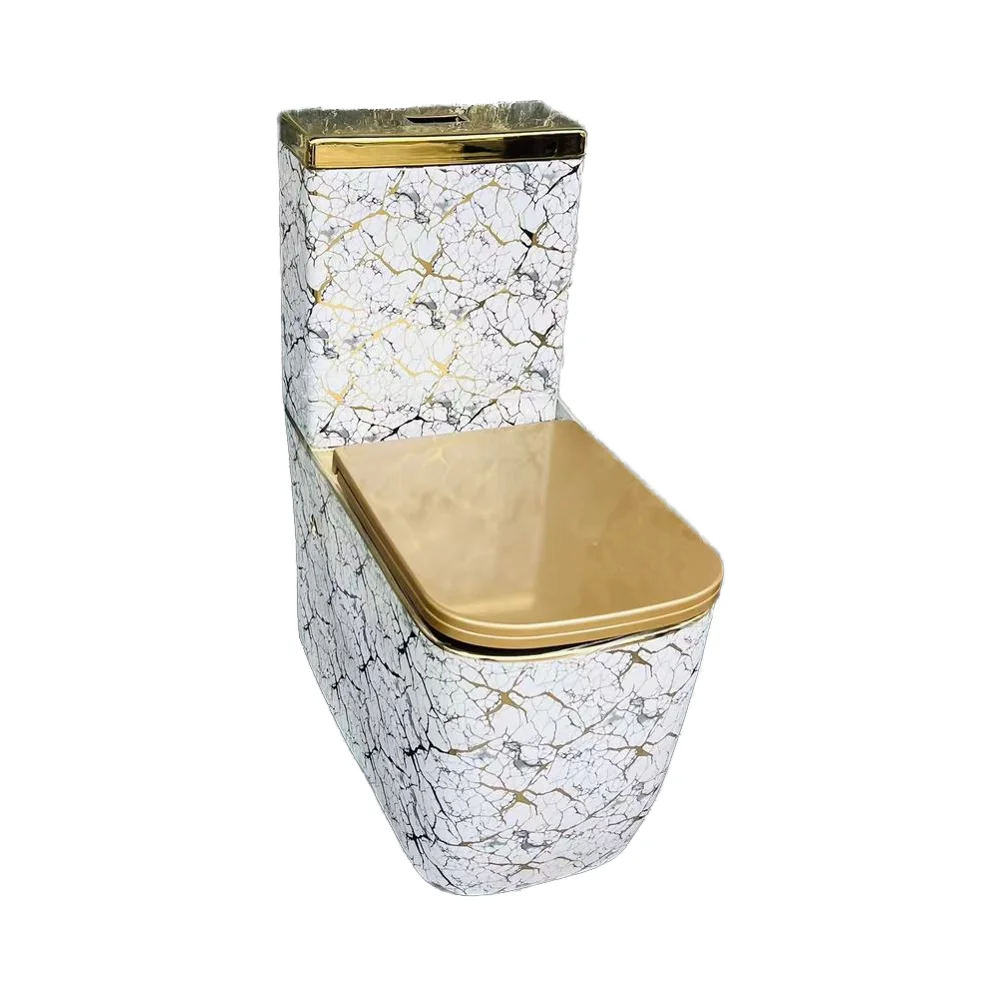 

Luxury Modern Square Ceramic Gold Toilet Bowl Single Piece Sanitary Ware With S-Trap Drainage For Hotels