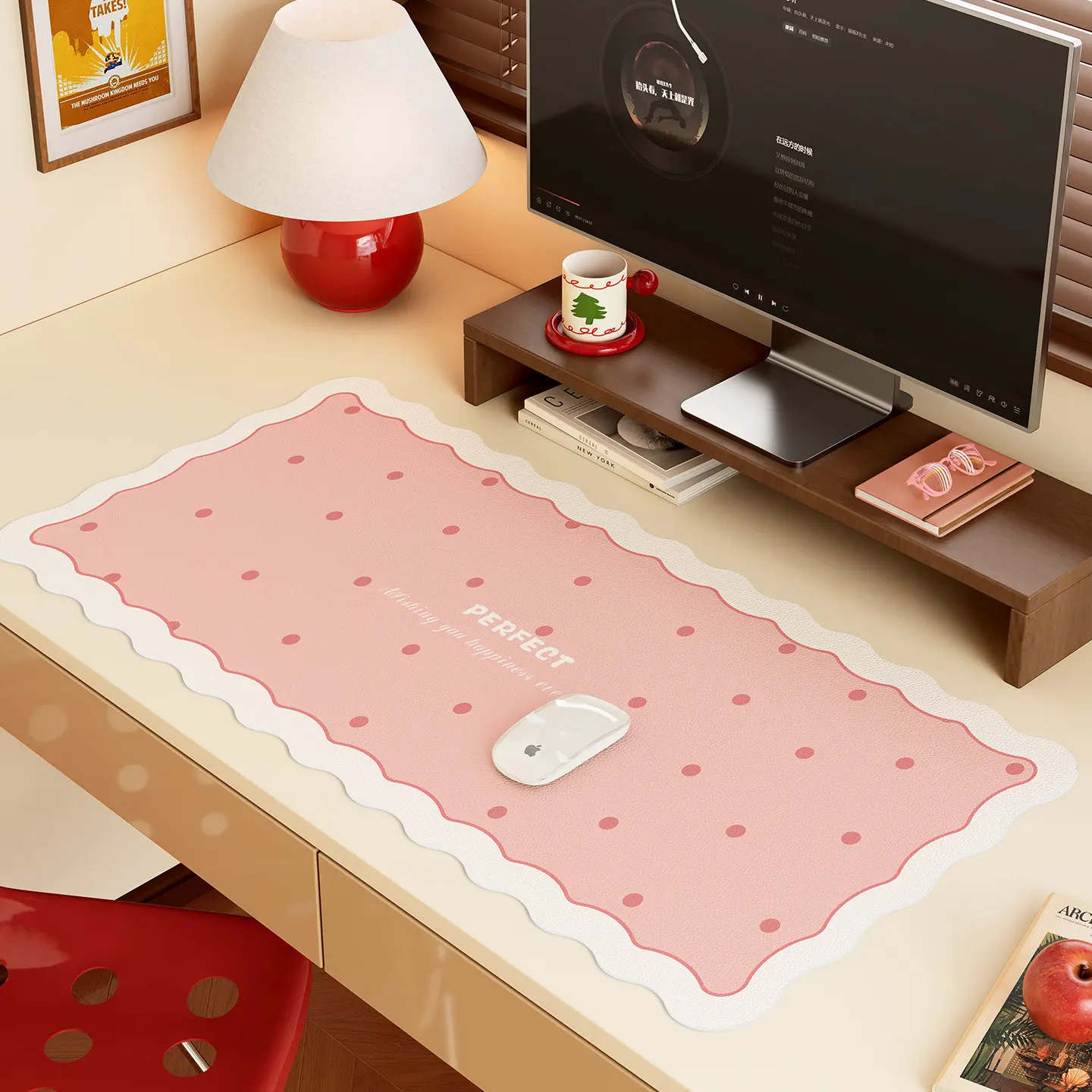 Creative Colored Polka Dots Scalloped Desk Mat PU Waterproof Mouse Keyboard Pads Sweet Cute Computer Desk Pad For Office Home