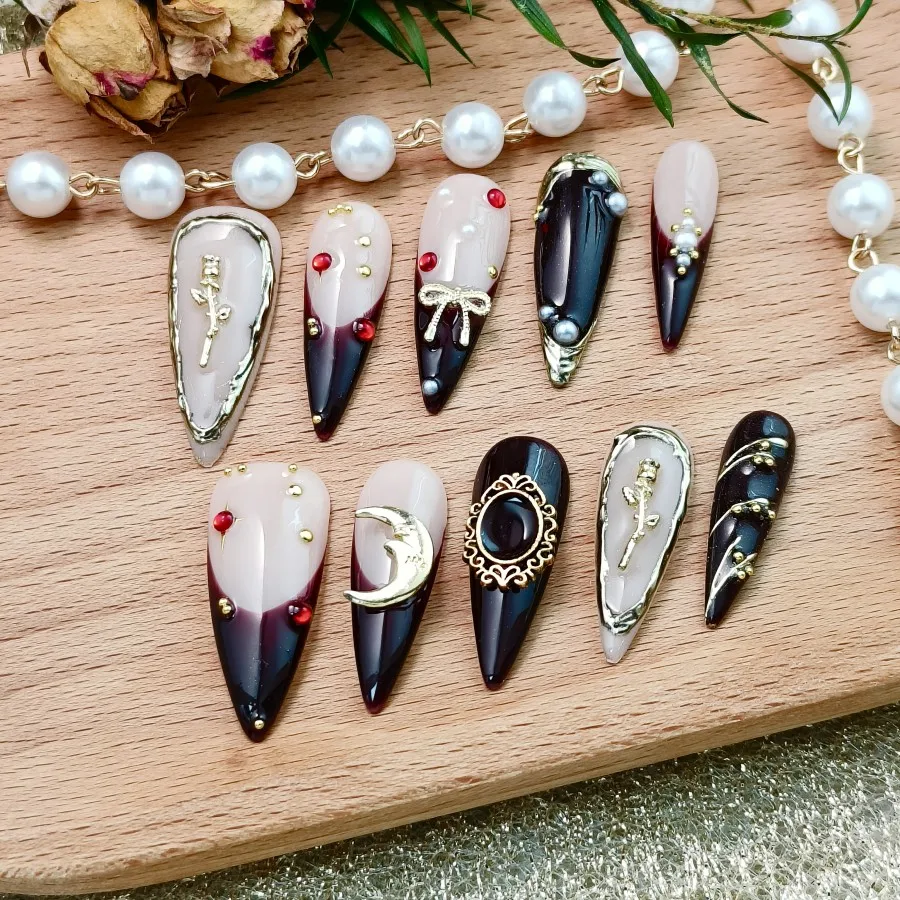 

10PCS Handmade Press On Nails, New 3D Removable Use Press-On Nails, Hand-painted, Lifelike, Gothic style,Reusable Nails,