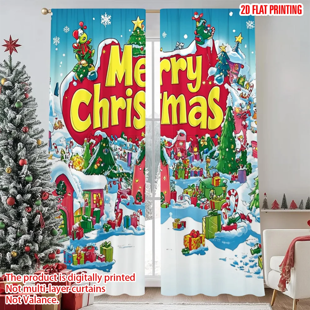

2pcs 2D flat printing Merry Christmas Curtain Christmas Eve Starlight Durable 100% Polyester Fabric Without Electricity Spring