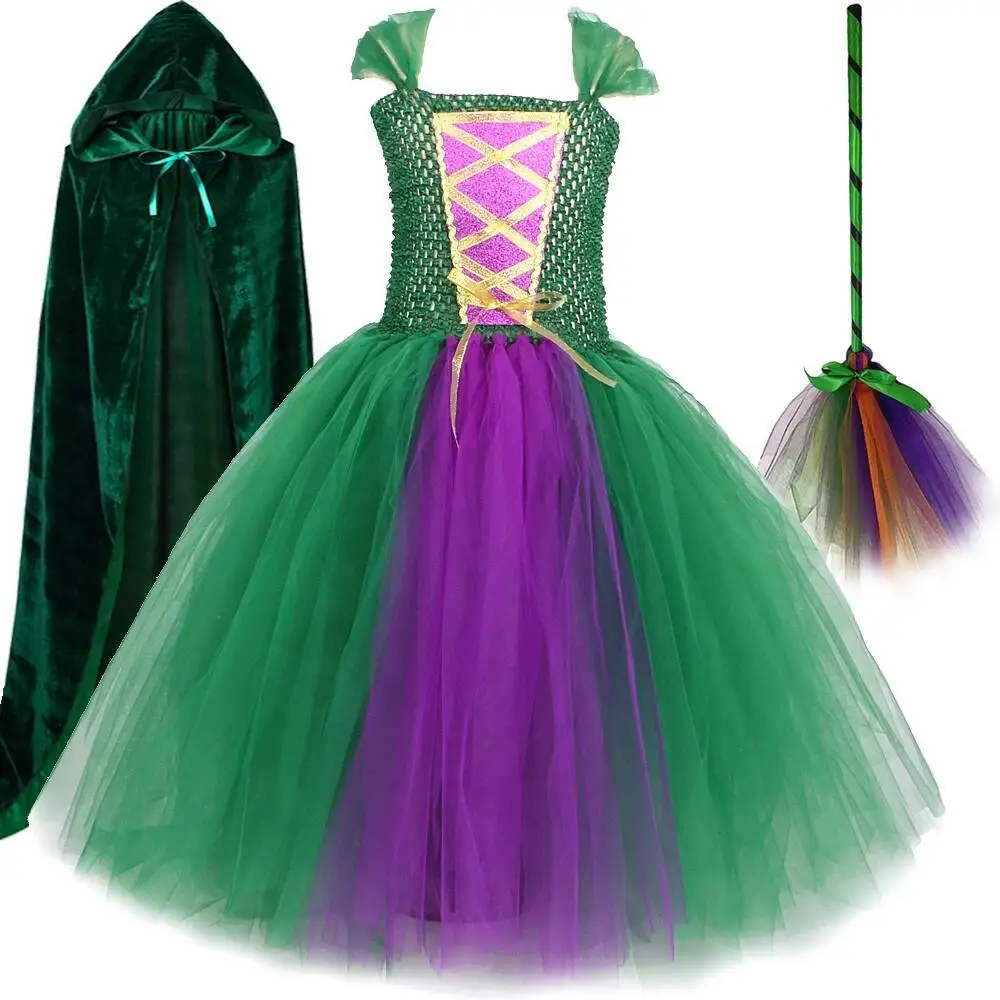 

Hocus Pocus Long Costumes for Girls Witch Sisters Halloween Long Tutu Dress for Kids Carnival Party Disguise Outfit with Cape