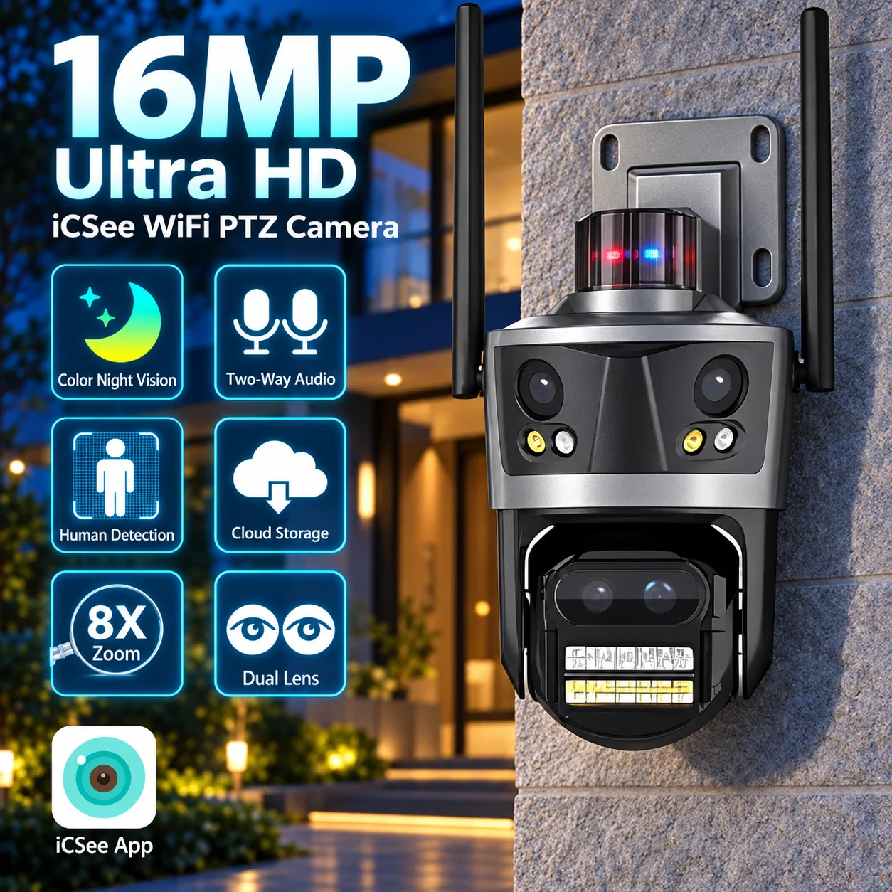 Wifi PTZ IP Camera 4K 16MP Outdoor Four Lens 8X Zoom Wireless CCTV Security Camera Auto Tracking ICSEE IP Cam Color Night Vision