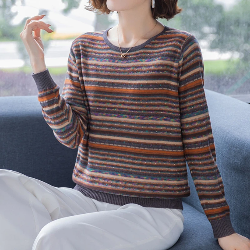 Autumn Women Stripe Print Thin Sweater Loose Knitted Sweater Casual Pullover Jumpers 2022 New Female O Neck Bottom Tops Elegant