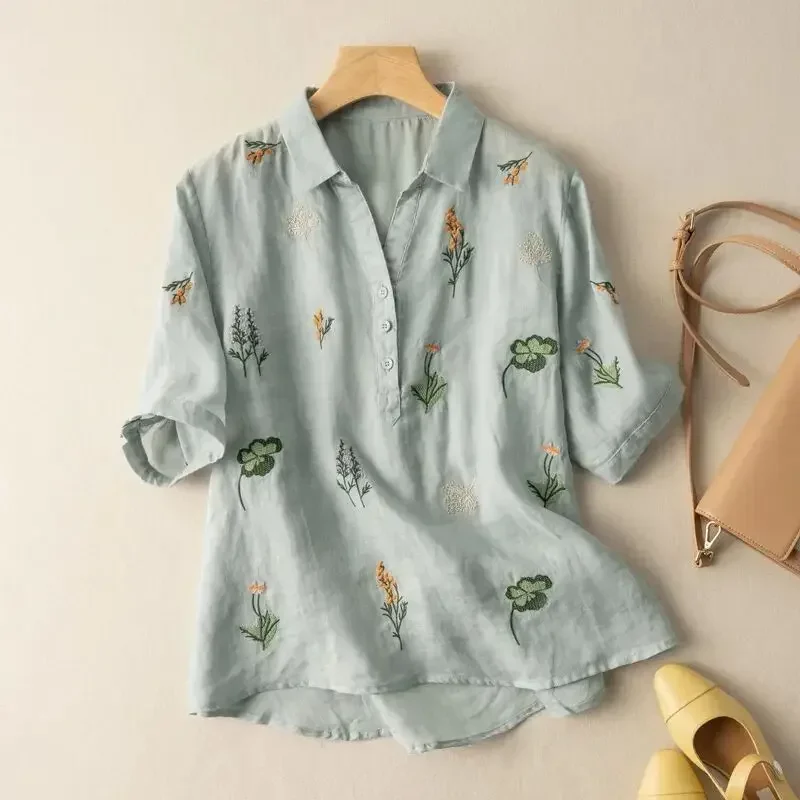 Cotton linen embroidered short-sleeved shirt 2023 summer new Korean version of the women's loose V-neck fashion temperament casu