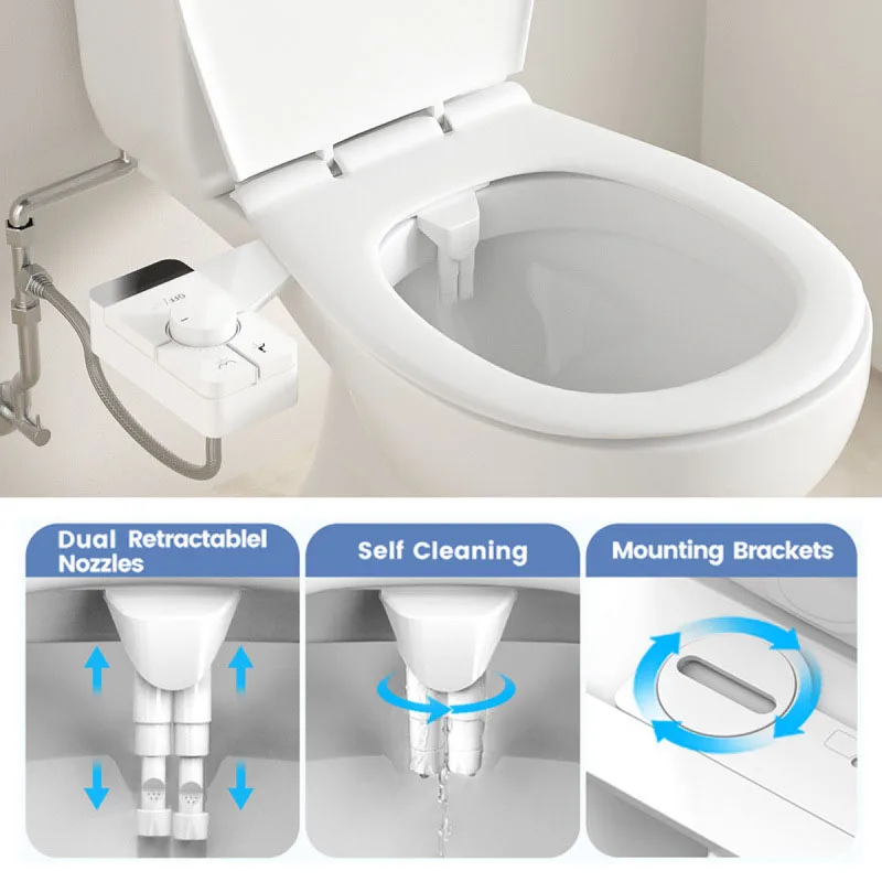 Adjustable Water Pressure Ass Sprayer Bidet Sprayer Attachment Non-Electric  Ultra-Slim Toilet Seat Attachment Dual Nozzle Bide