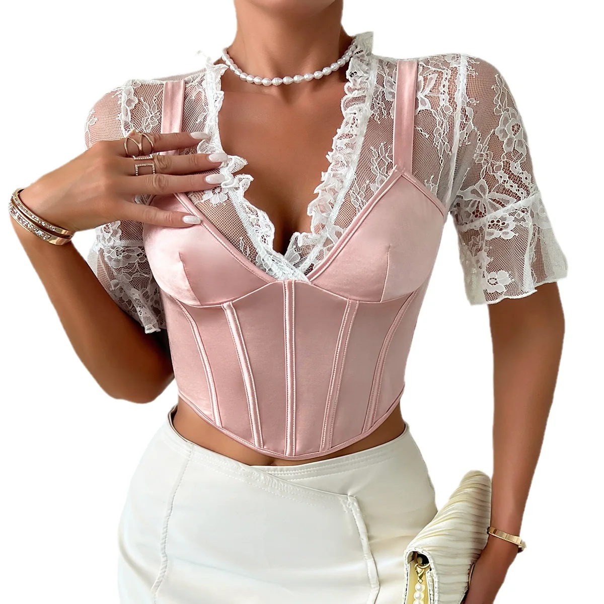 Lace Patchwork Short T-shirt Tops Bustier Summer Clothes for Women\'s Sexy V-Neck Skinny Tunic Corset Top Y2K Streetwear Camisole