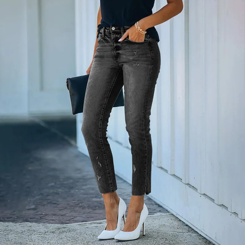 2023 Spring New Women\'s Mid-Waist Ripped Jeans Fashion High Elasticity Slit Ankle-Length Denim Straight Pants Female Clothing