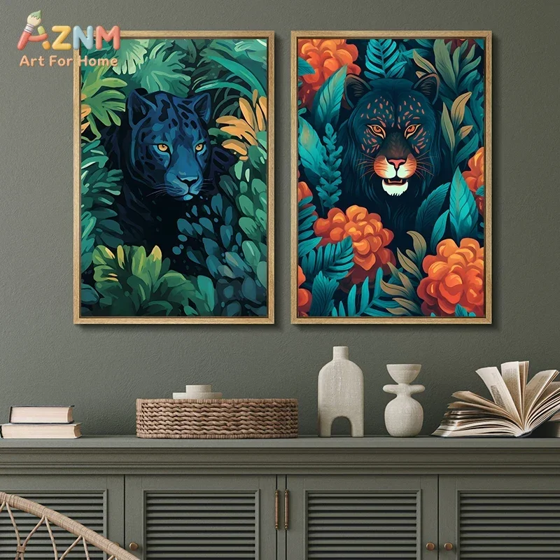AZNM Colorful Jungle Panda Canvas Wall Art Cute Giant Panda Pink Floral Plant Oil Painting Print Unframed Canvas For Kids Room B