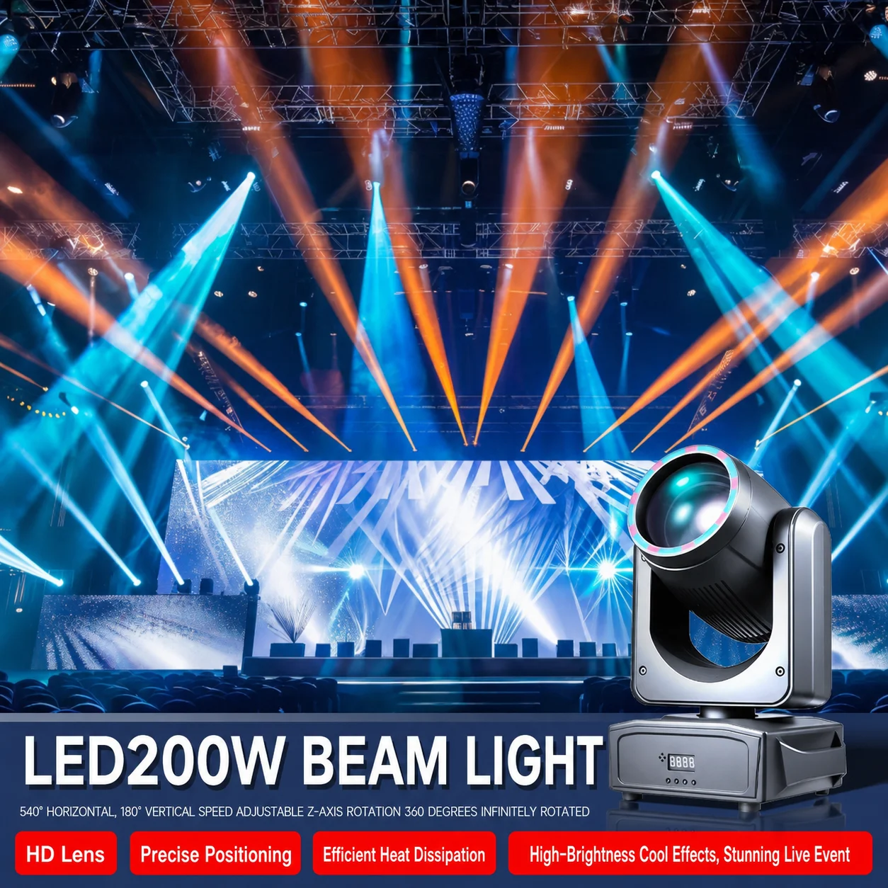 Mini 200W Beam Moving Head Light RGB Pattern Beam Light DMX512 Sound Activated Stage Light for Party Concert Bar KTV Disco Club