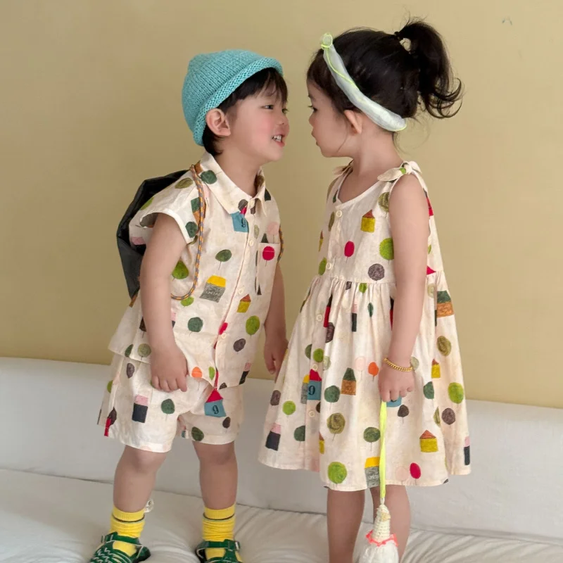Children's Summer Shirt Set for Boys Casual2026New stylish baby girl's vest dress brother-sister outfit