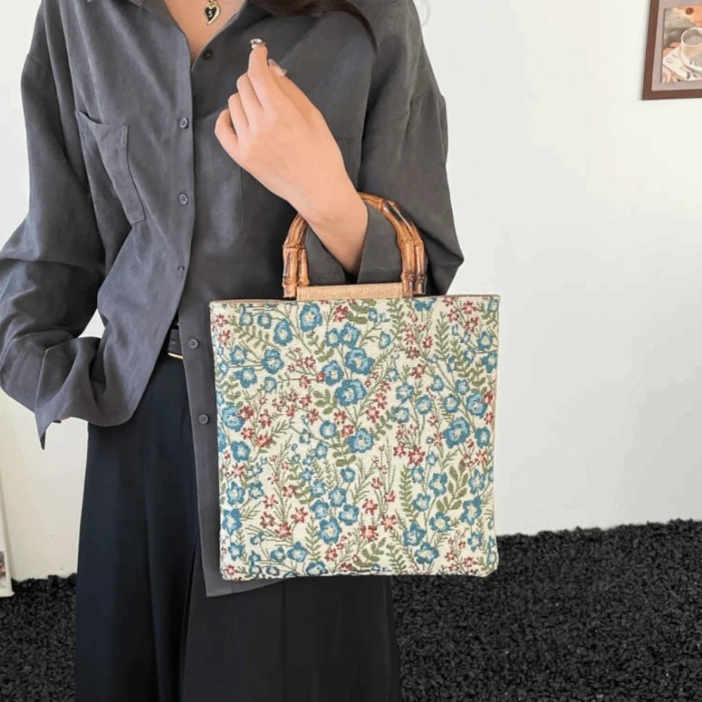Cloth Material Bamboo Knot Handbag Floral Flower Print Vintage Chinese Style Tote Large Capacity Artistic Canvas Handbag