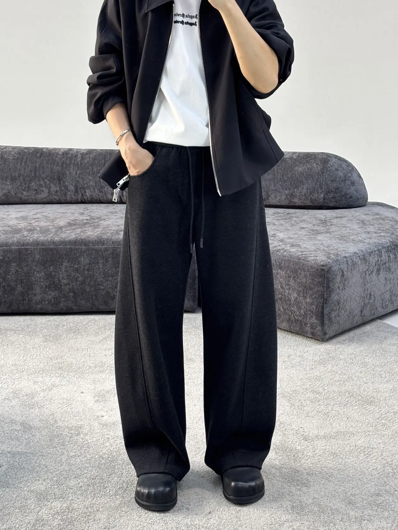 

American Sle Thiened Fce Casual Pants Men's High Street Loose Straight Woolen Wide Leg Pants Knife Casual Trousers