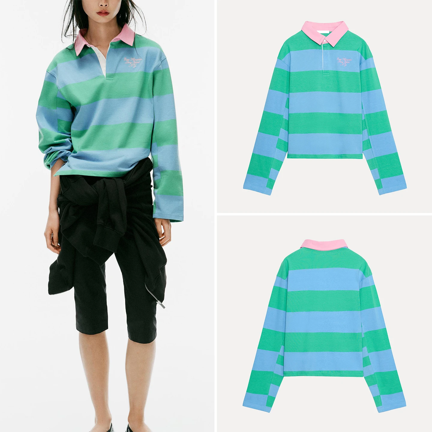 Women's Long Sleeve  Shirt Collar Stripe Color Block Autumn New Style ZADATA Standard Fit T-Shirt Other Material 100%
