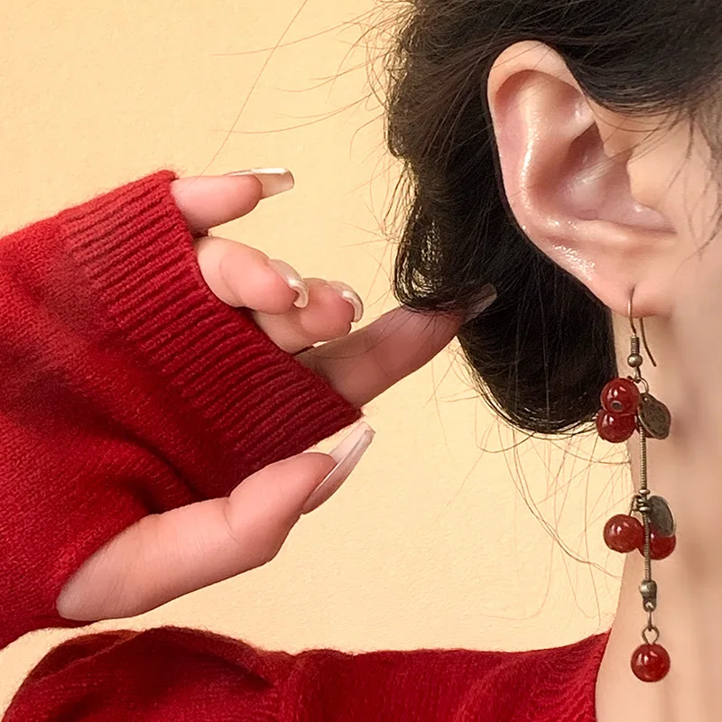 Vintage Fruit Long Tassel Earrings for Women Korean Retro Boho Red Berry Dangle Drop Earrings Wedding Party Fashion Jewelry Gift