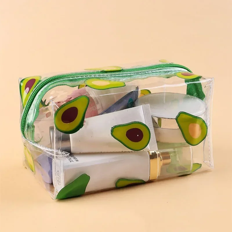 Kawaii Cute Transparent Cosmetic Bag Large Capacity Pencil Case Fruit Heart Butterfly Print Clear Makeup Storage Bag For Women