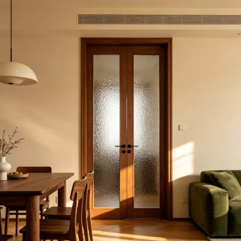 for Myanmar Teak Log Double Door Solid Wood Entrance Casement Door with Walnut Frame and Glass Panel for Household Use