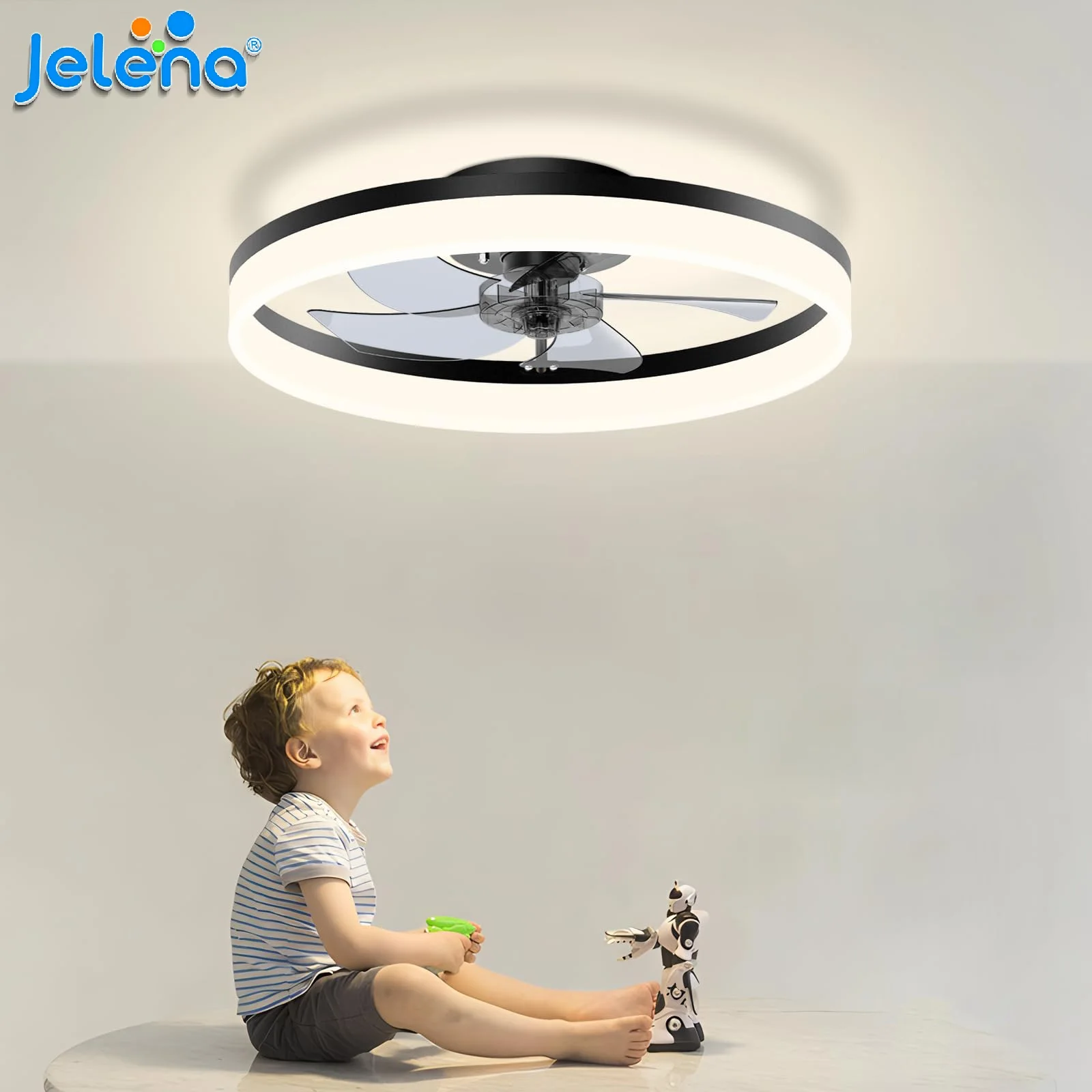 Ventilateur de plafond encastré Jelena, design moderne en forme d'anneau, silencieux, LED à intensité variable, avec télécommande, moteur réversible pour la décoration de la chambre à coucher, du bureau et de la salle
