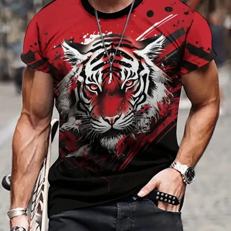 Vintage Tiger T-Shirt Men\'s 3d Animal Print Short Sleeved Top Tees Summer Casual Breathable Men\'s Clothing Oversized Streetwear