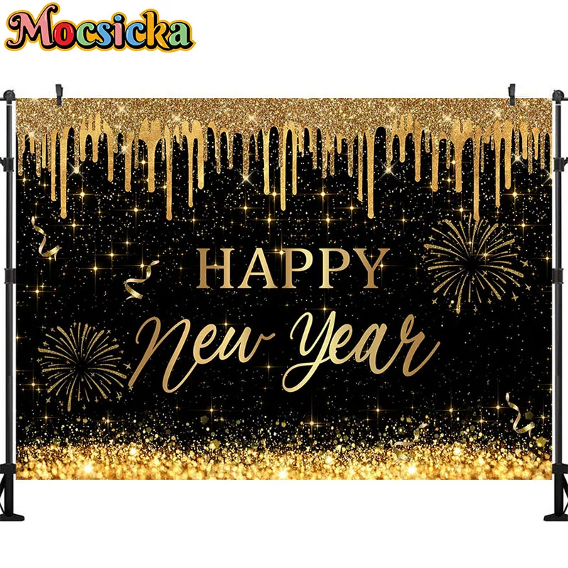 Happy New Year Glitter Gold Backdrops Bokeh Sparklers Golden Dots Balloons Champagne Adults Portrait Photography Background