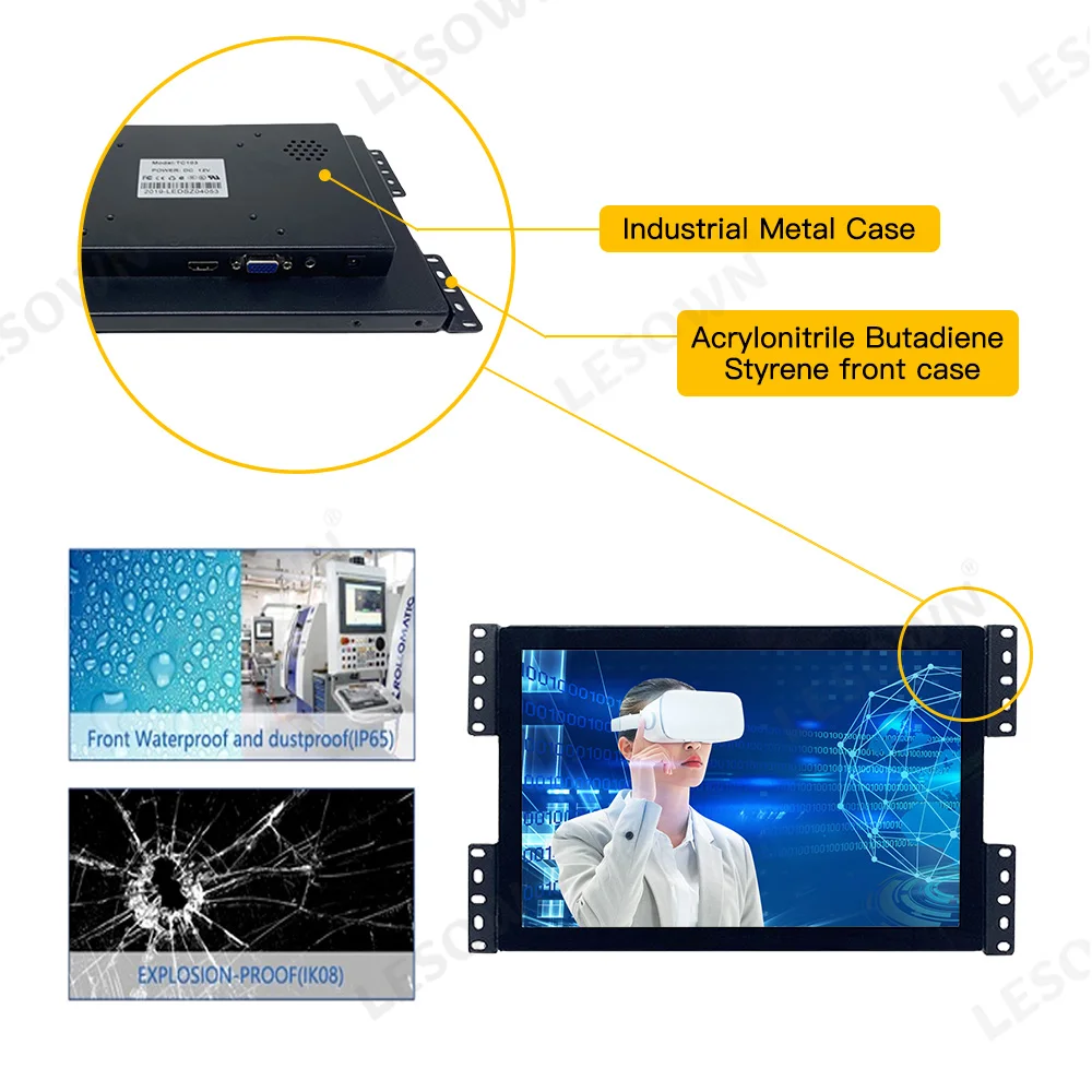شاشة LESOWN مدمجة 10.1 بوصة 300cd/m2 / 600-1000cd/m2 1280x800 IPS تعمل باللمس بالسعة Win-10 شاشة كمبيوتر مع VGA/HDMI/USB (لمس)