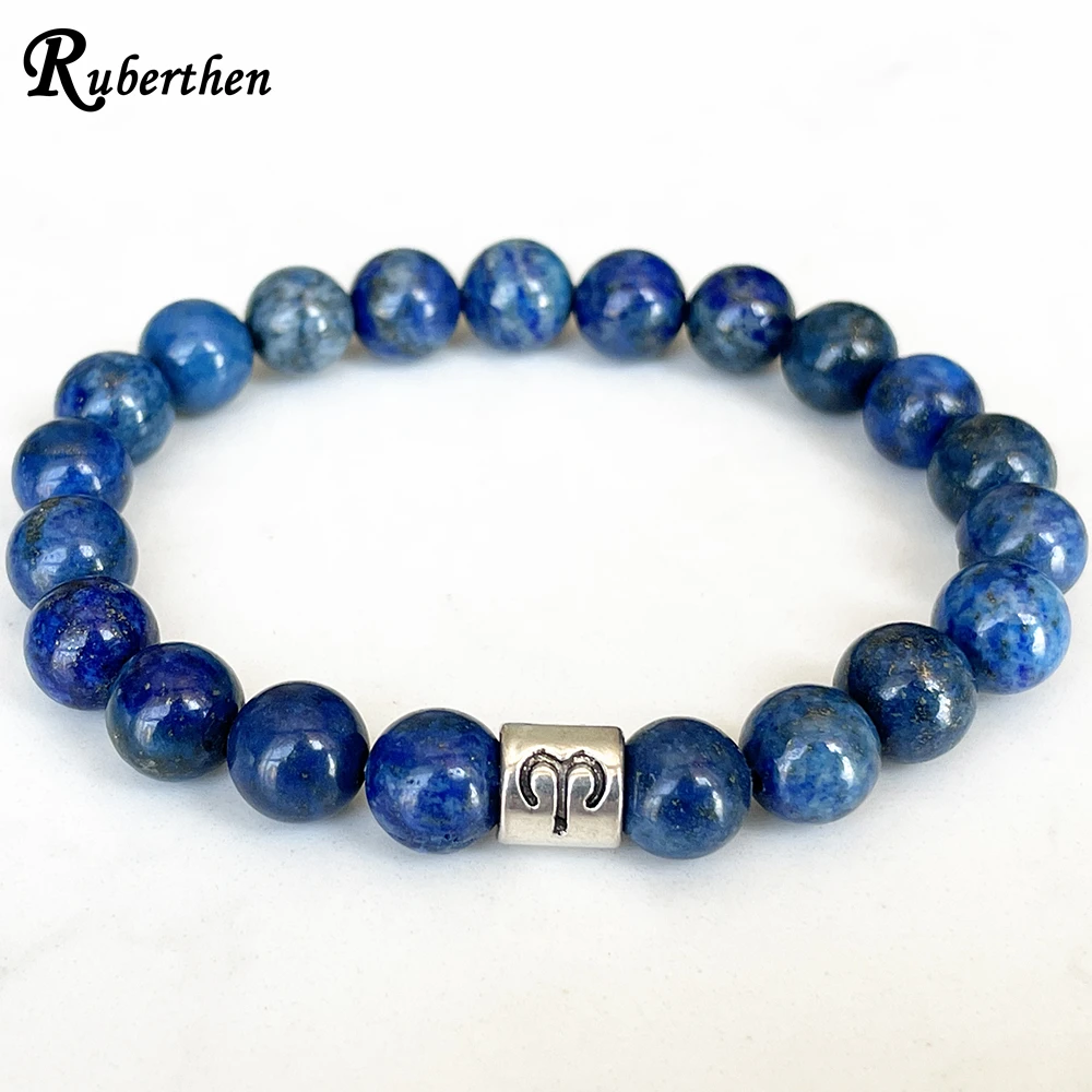 Ruberthen New Aries Zodiac Womens Bracelet 8 MM Afghanistan Lapis Lazuli Energy Wrist Mala Natural Handmade Gemstone Jewelry