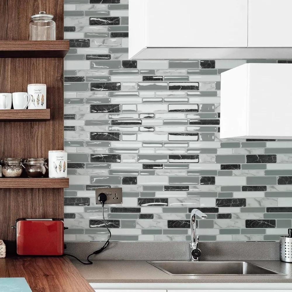 20枚入り剥がして貼るだけキッチンバックスプラッシュタイル、キッチンとバスルーム用の自己粘着壁タイル、12x12、マーブルグレー