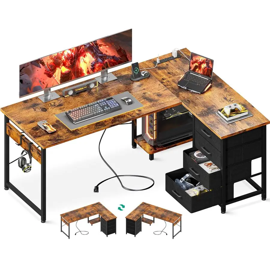 

L Shaped Desk with 4 Tier Drawers, 53 Gaming Desk with Power Outlets amp USB, Reversible LShaped Computer Desk with CPU Stand, H