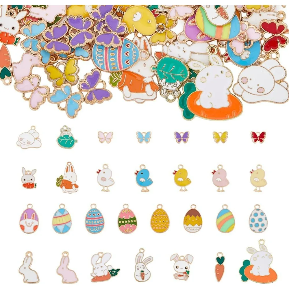 88Pcs 29 Styles Easter Theme Pendants Alloy Enamel Carrot Rabbit Pendants Charms Easter Egg Earring Bracelet Necklace Supplies