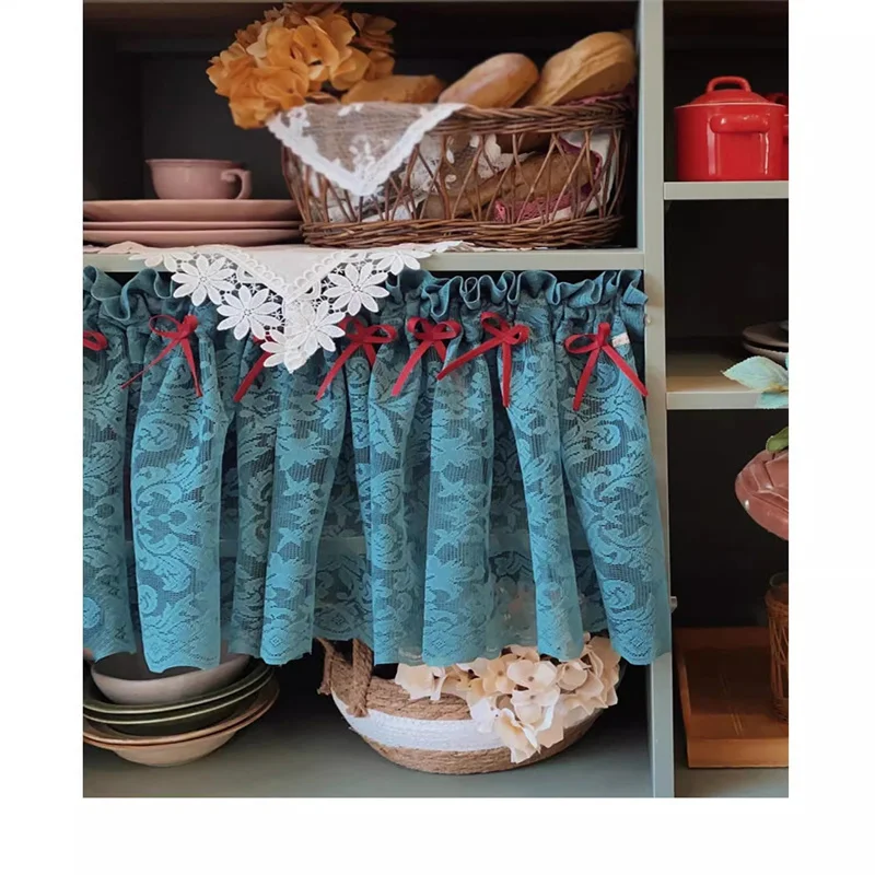 Free Shipping Qualified  blue Half Curtain Hot Sale Purdah Bowknot Kitchen Drapes Short Blinds Small Shades Home Window Valance