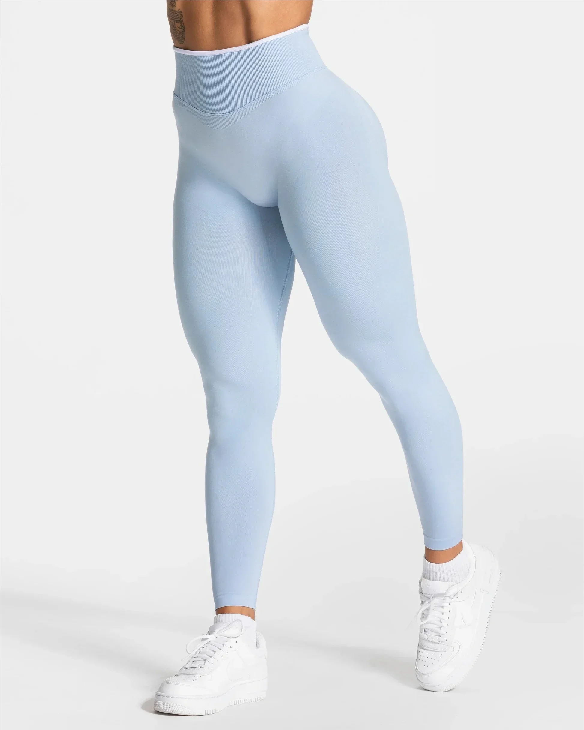 Nahtlose Sport-Leggings für Damen, weißer Rand, Taille, eng, hohe Taille, Hüftheben, Yoga-Hose, Fitnessstudio, Lauftraining, einfarbige Hose – Detail 6