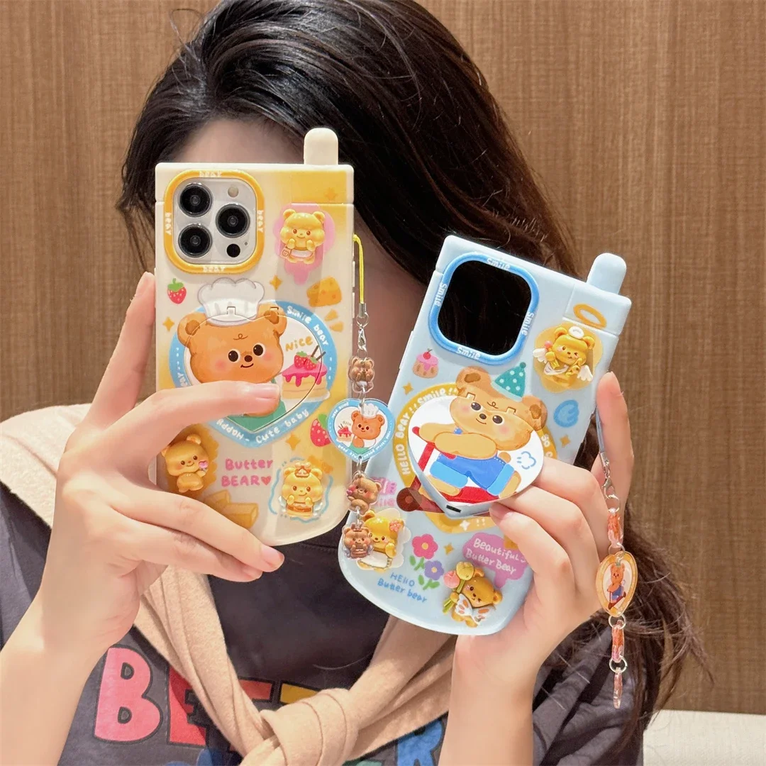 

Cute Cartoon Telephone Butters Bear with Mirror Pendant Phone Case for IPhone 15 14 13 12 11 Pro Max Anti-fall Back Cover Funda