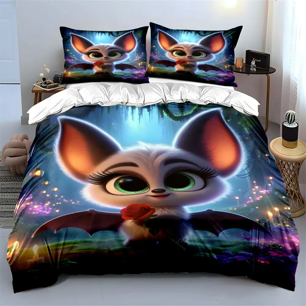 Adorable bat holding red rose Printed Duvet Cover Set 1 Duvet Cover+2 Pillowcase Multi Size Bedroom Bedding Decoration