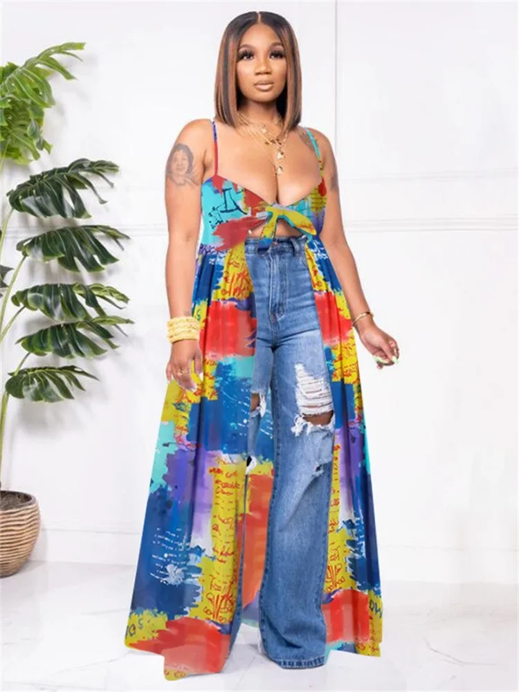 Wmstar plus size sommerkleid ung frauen 5xl sexy hosenträger top mit mehrfarbig bedrucktem schlitz kleid großhandel drops hipping 2024