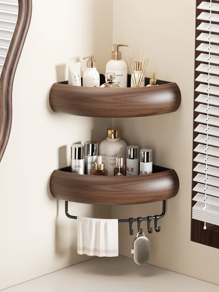 Schwarzes Mattes Aluminium & ABS Eckregal mit Haken, Badezimmer-Aufbewahrungsregal für Shampoo Seife, Rostfreier Platzsparer-Organizer