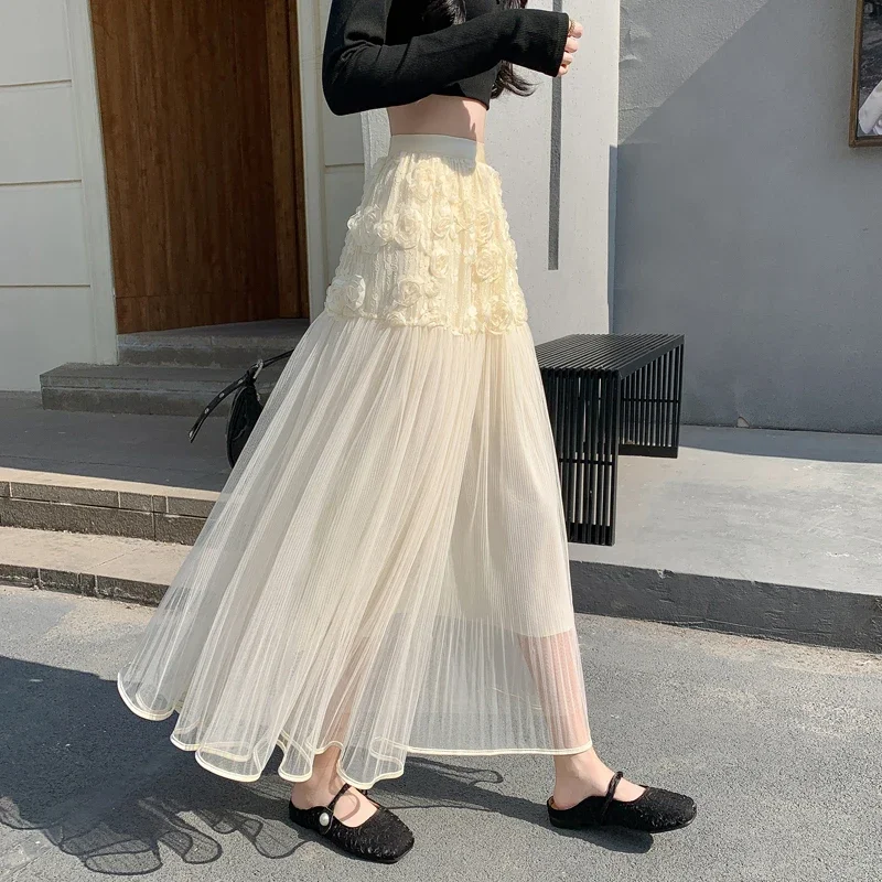 Apricot Tiered Midi Skirt Spring Summer 2026, Elegant Sweet Floral Mesh Skirts for Women, Fashion Sheer High Waist A-Line Skirt