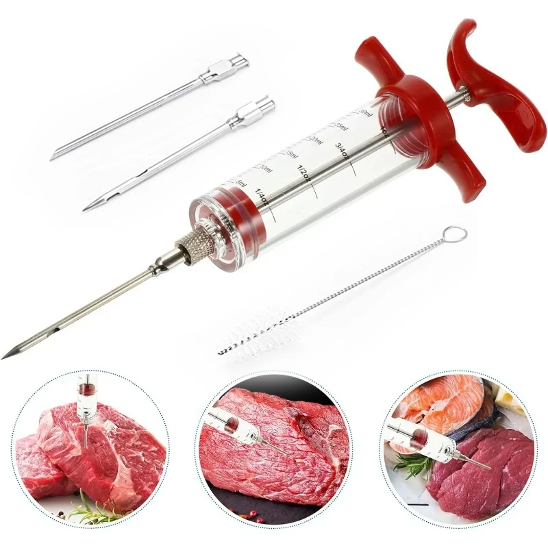 Stainless Steel Meat Injector Syringe Kit Marinade Flavor Injector for BBQ Grill Turkey Chicken Roast Cooking Tool with Needle