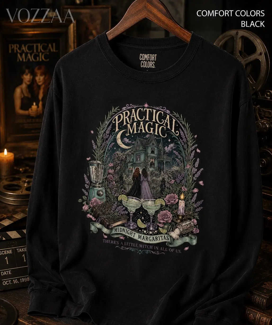 Practical Magic Midnight Margaritas Long Sleeve T-shirt, Witchy Halloween Comfort Colors Crewneck