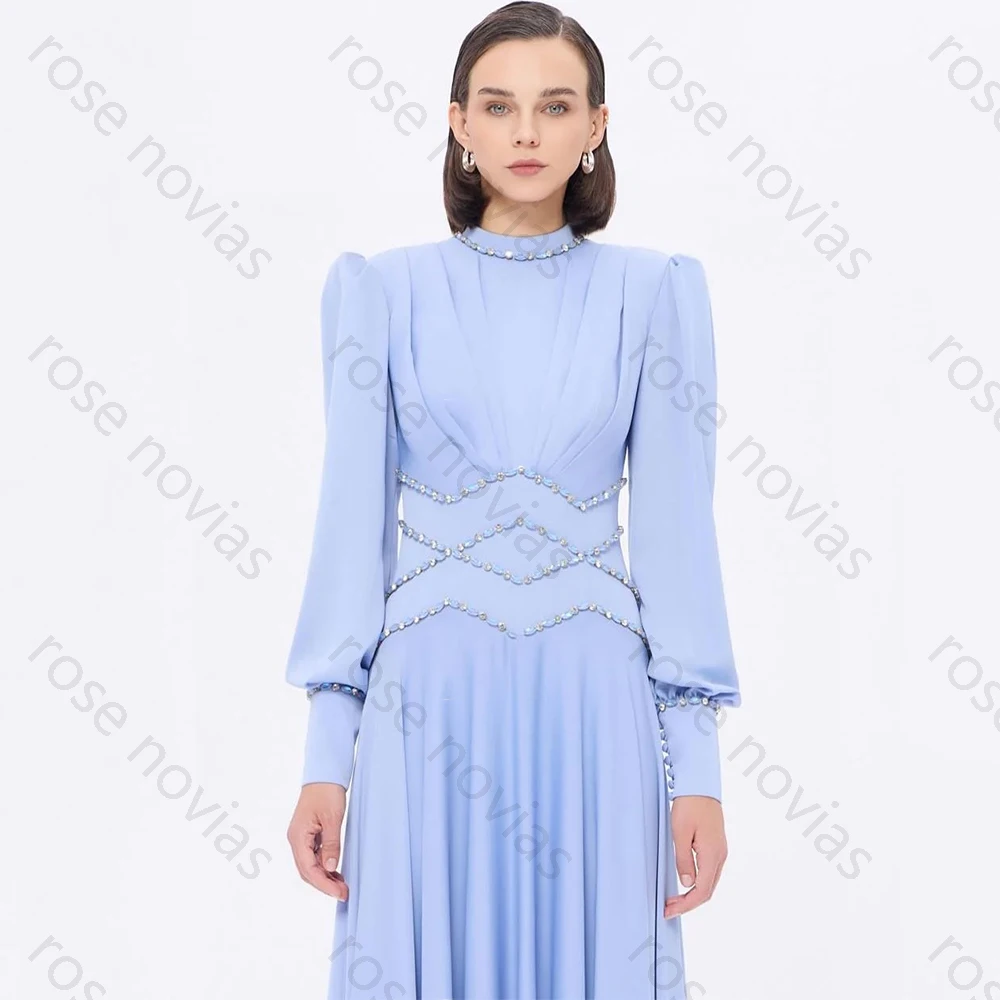 فساتين سهرة أنيقة عالية الجودة على شكل حرف a ورقبة عالية وأكمام طويلة وطيات ومطرزة للنساء فساتين حفلات الخريف المخصصة #3