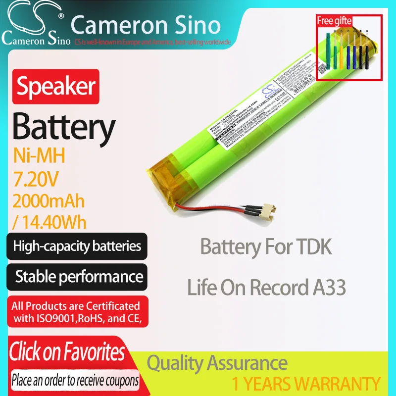 CameronSino Battery for TDK Life On Record A33 Speaker Battery 2000mAh/14.40Wh 7.20V Ni-MH Green