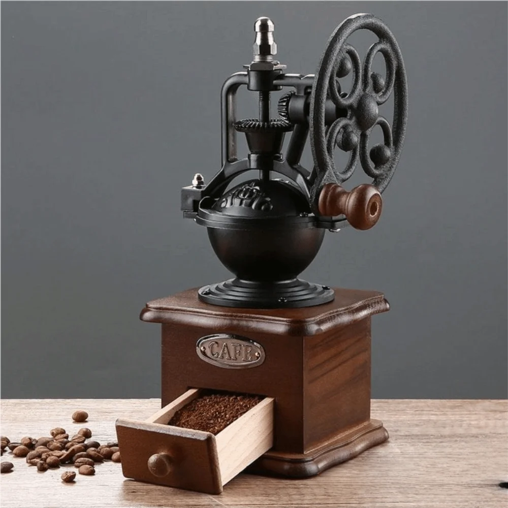 

Hand Cranked Vintage Coffee Bean Grinder Manual Wood Coffee Mill Burr Adjustable Particle Size European Style