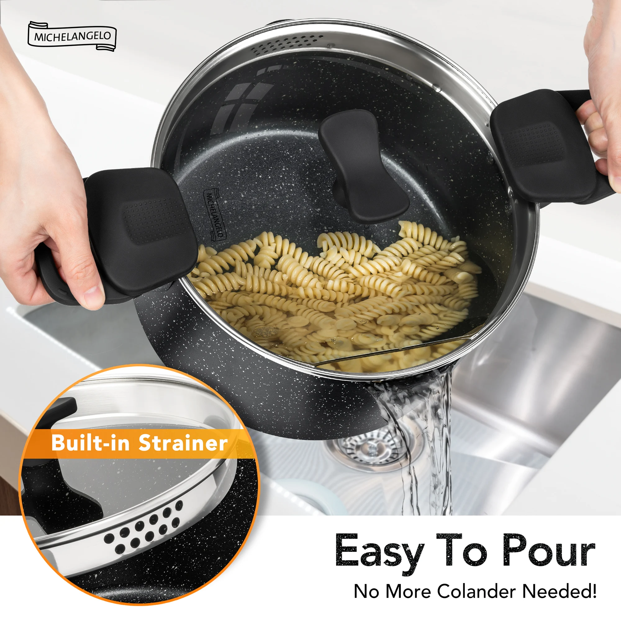 

MICHELANGELO Pot with Strainer Lid 6 Quart Multipurpose Pot with Twist and Lock Handles Soup Pot with Nonstick Universal stoves
