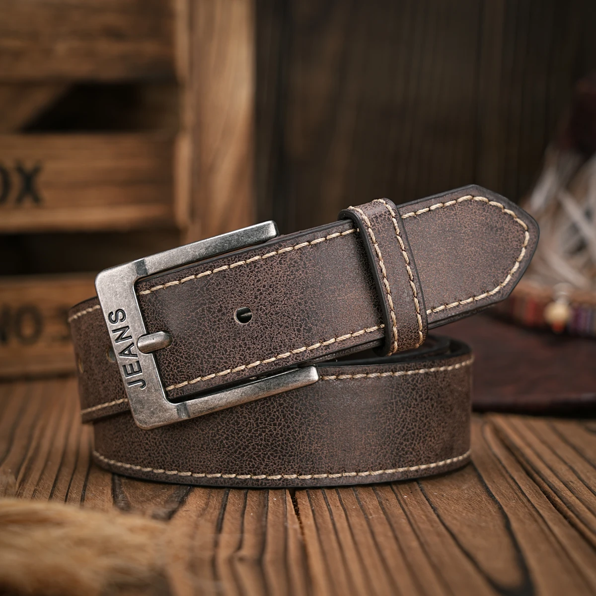 Herren - Damen - Western-Denim - PU-Leder - Gürtel - Vintage-Jeans mit geschnitzter Schnalle Brauner Gürtel – Detail 3