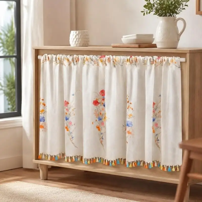 Decorative Cabinet Cover Curtain, Gathered Polyester Panel with Rod Pocket Hanging and Cold-Water Hand-Wash Care 55KF